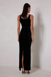 Velvet Gown with Embellished Neckline - Black