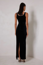 Velvet Gown with Embellished Neckline - Black