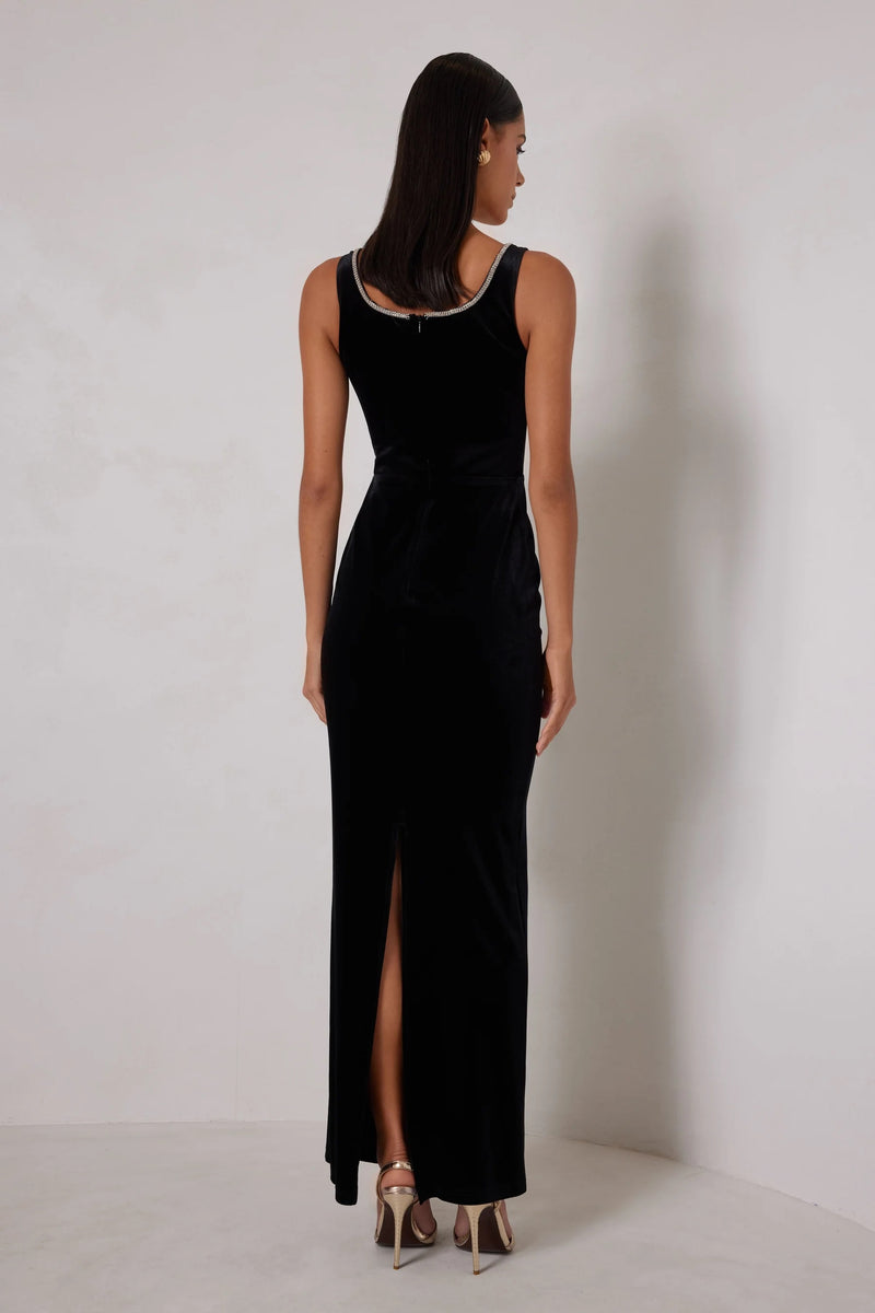 Velvet Gown with Embellished Neckline - Black