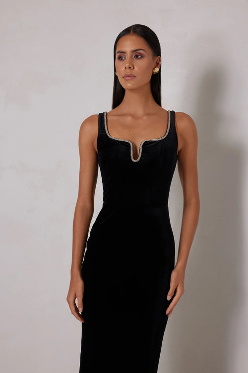 Velvet Gown with Embellished Neckline - Black