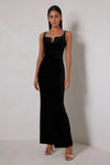 Velvet Gown with Embellished Neckline - Black