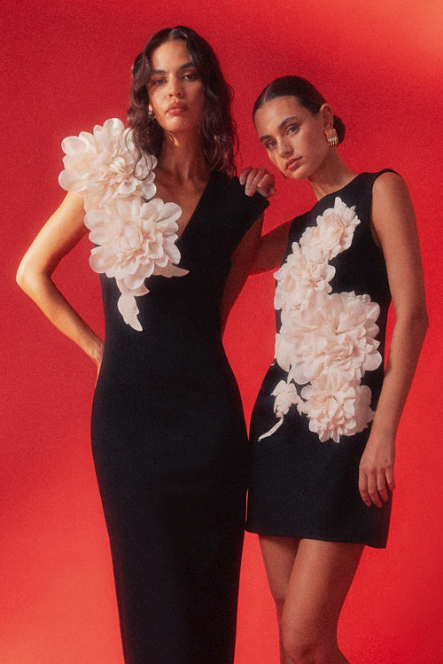 Bold Floral V-Neck Gown - Black