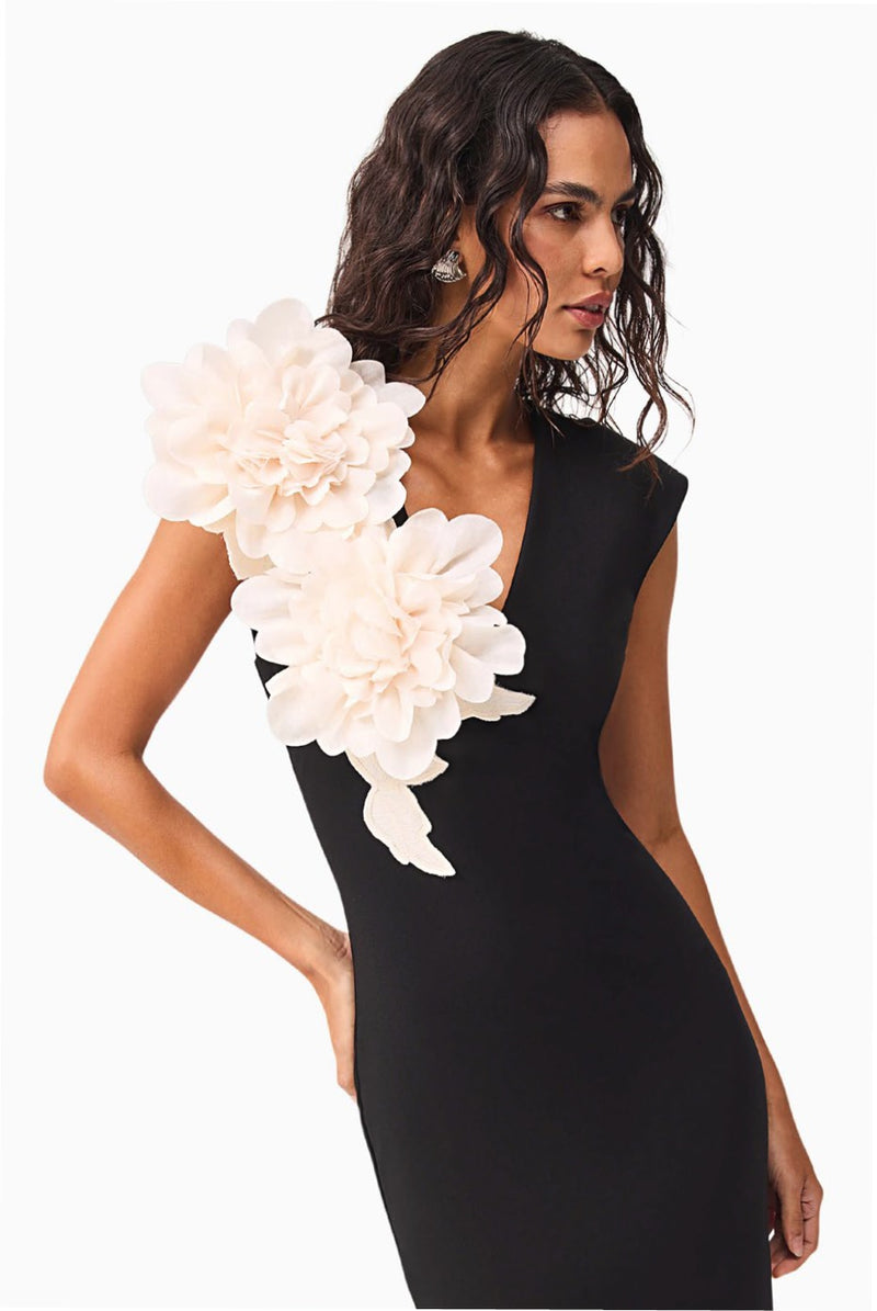 Bold Floral V-Neck Gown - Black
