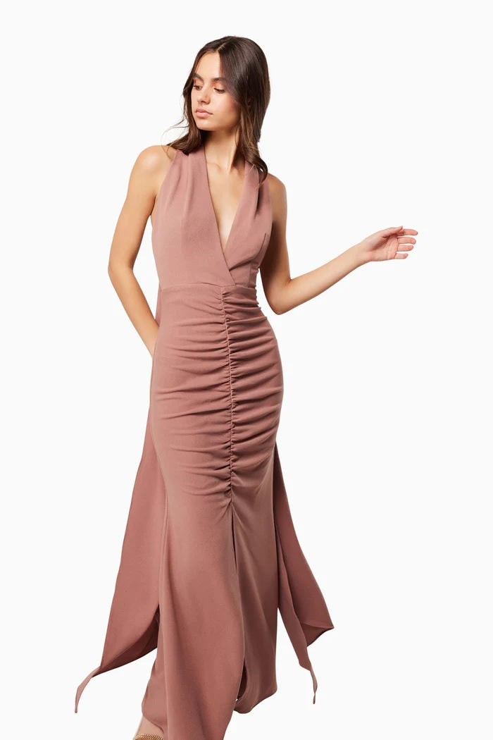 Halter Tie Waist Gown - Tan