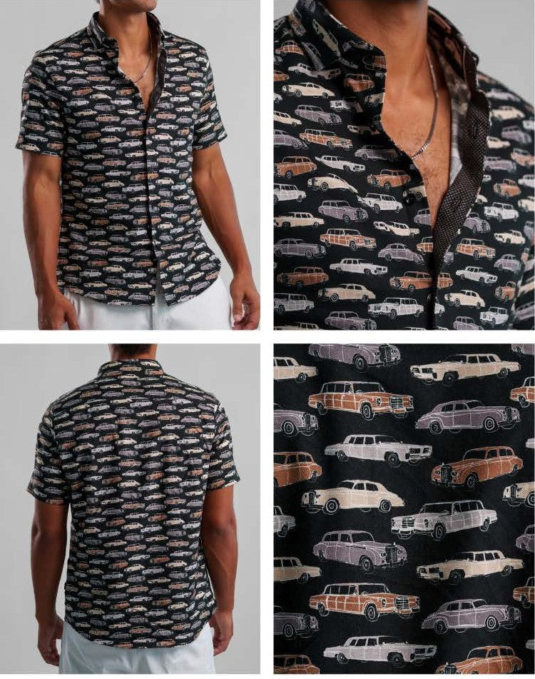 Cars Print Short Sleeve Shirt - Black