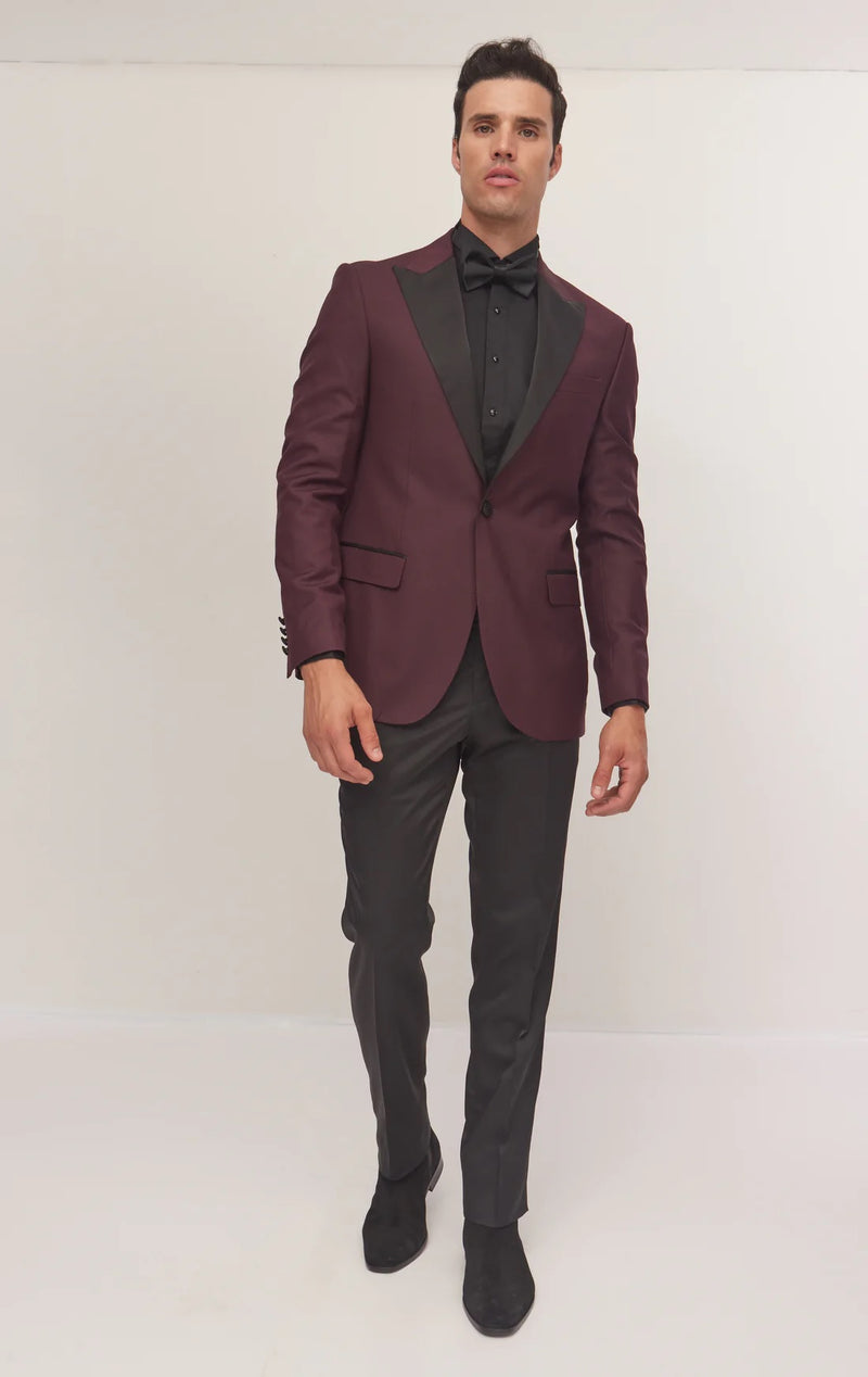 Contrast Lapel Wide Peak Tuxedo- Burgundy