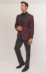 Contrast Lapel Wide Peak Tuxedo- Burgundy