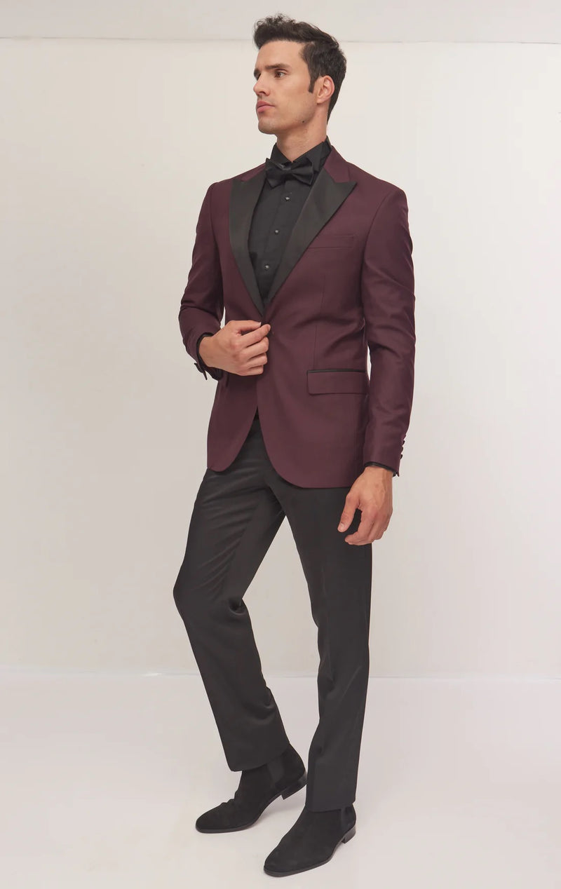 Contrast Lapel Wide Peak Tuxedo- Burgundy