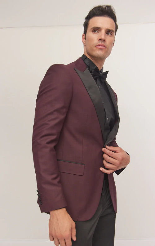 Contrast Lapel Wide Peak Tuxedo- Burgundy