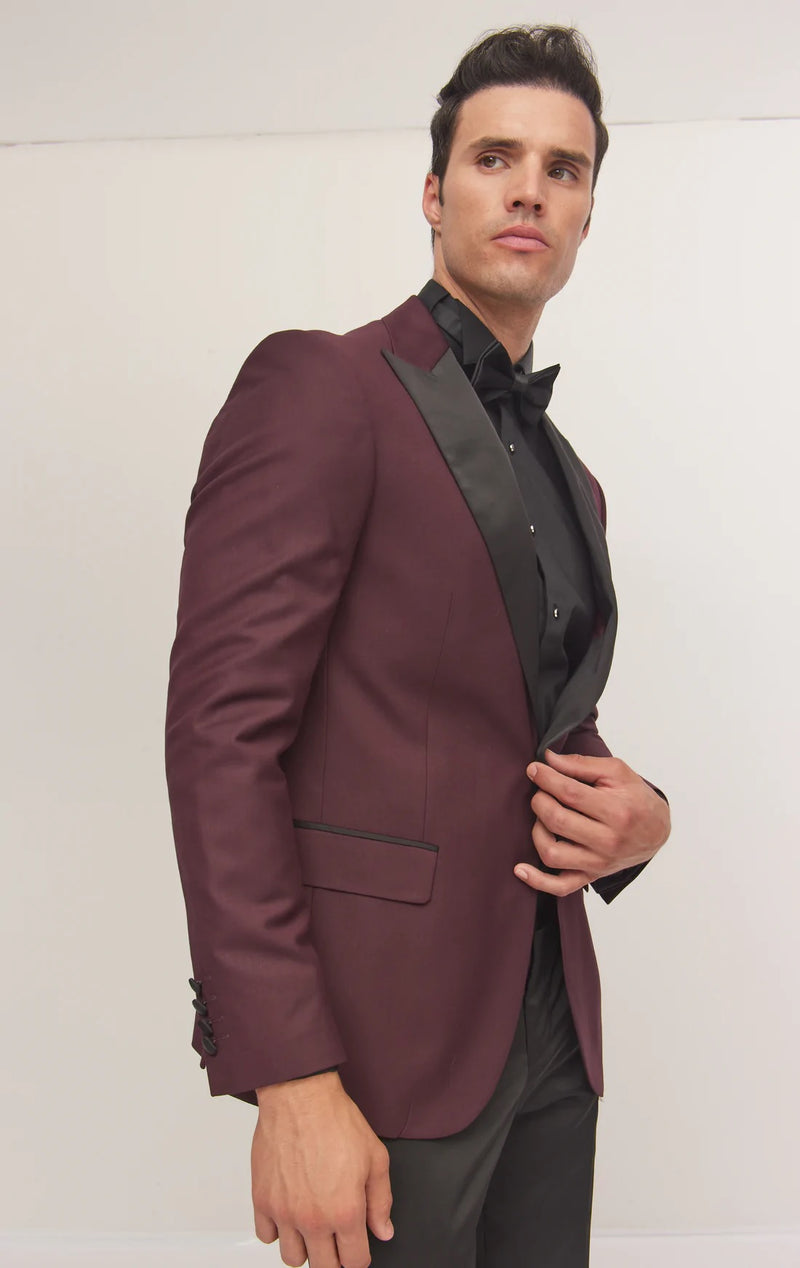 Contrast Lapel Wide Peak Tuxedo- Burgundy