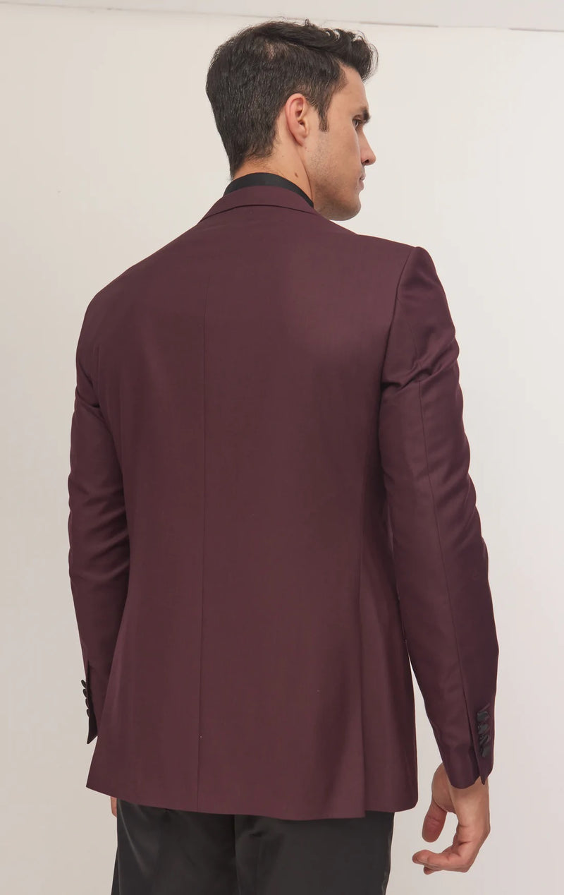 Contrast Lapel Wide Peak Tuxedo- Burgundy