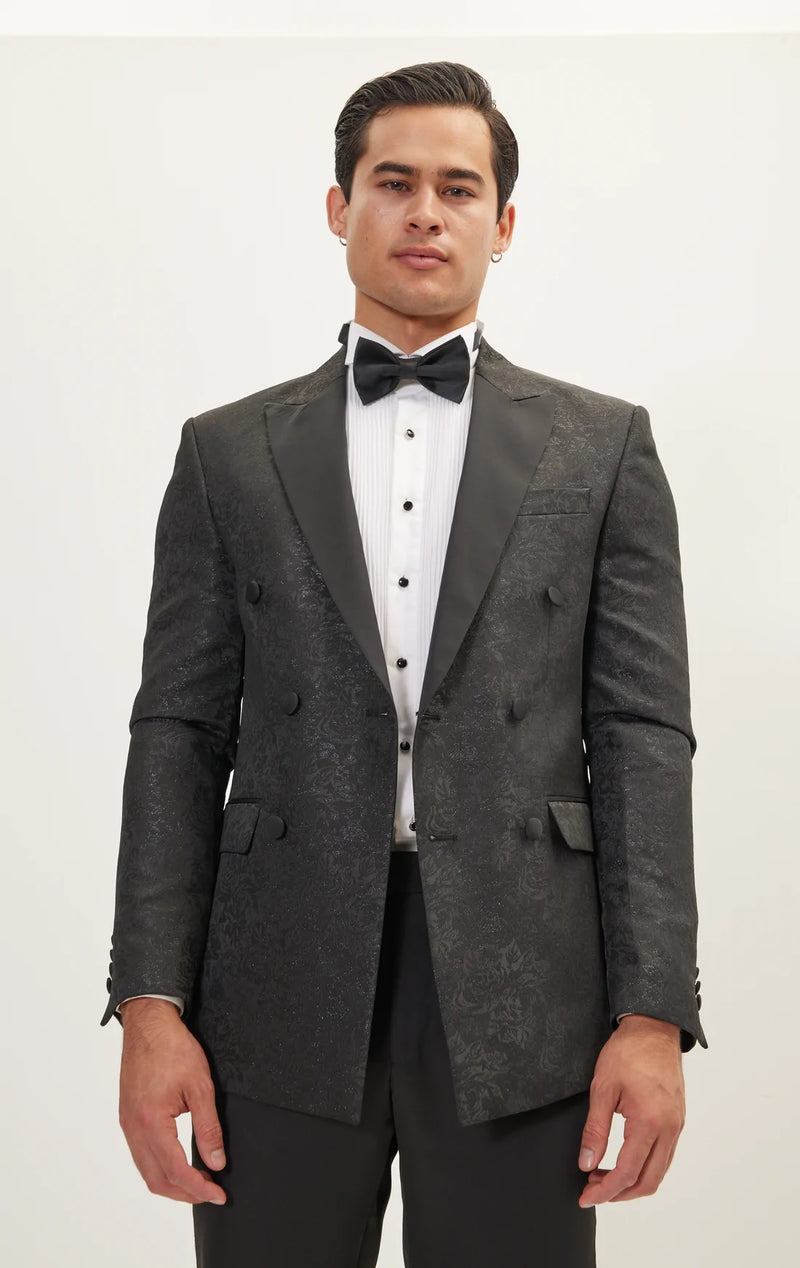 Floral Double-Breasted Peak Tuxedo- Black