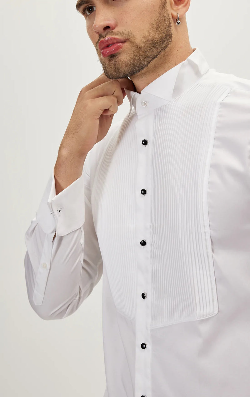 Pleated Wing Tip Collar Tuxedo Shirt- White