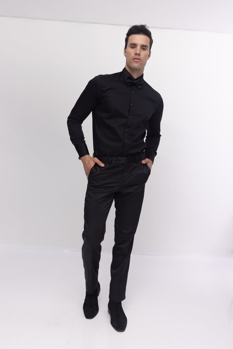 Jewel Button Tuxedo Shirt- Black