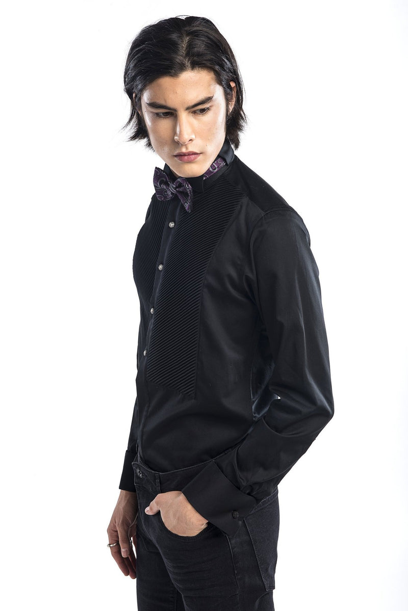 Diagonal Pleated Wing Tip Collar Shirt - Black