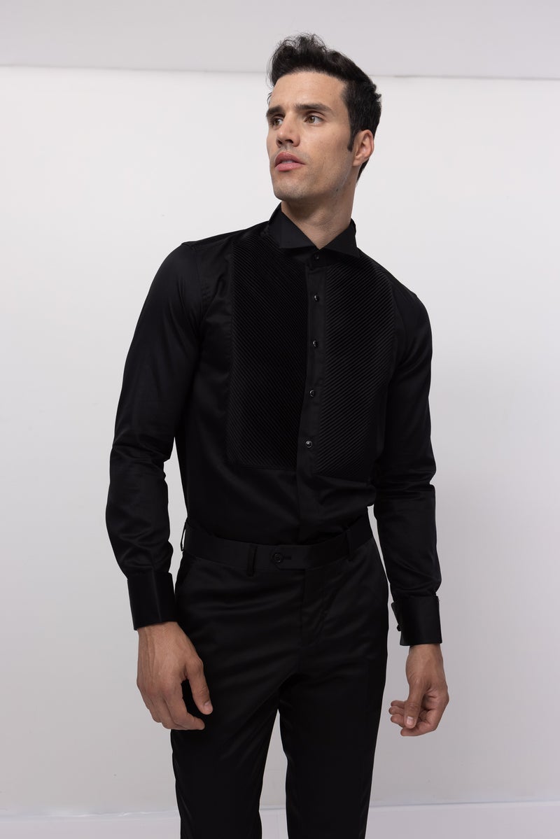 Diagonal Pleated Wing Tip Collar Shirt - Black