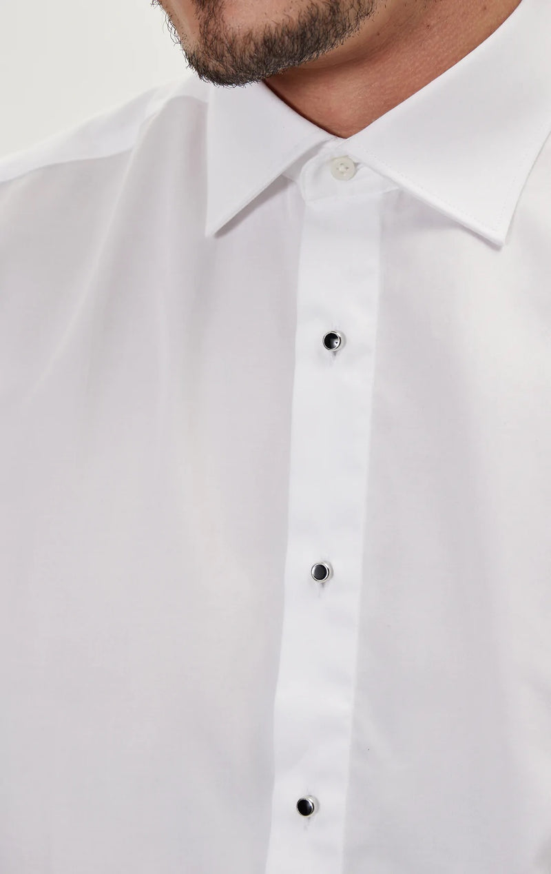 Classic Collar Jewel Button Tuxedo Shirt - White