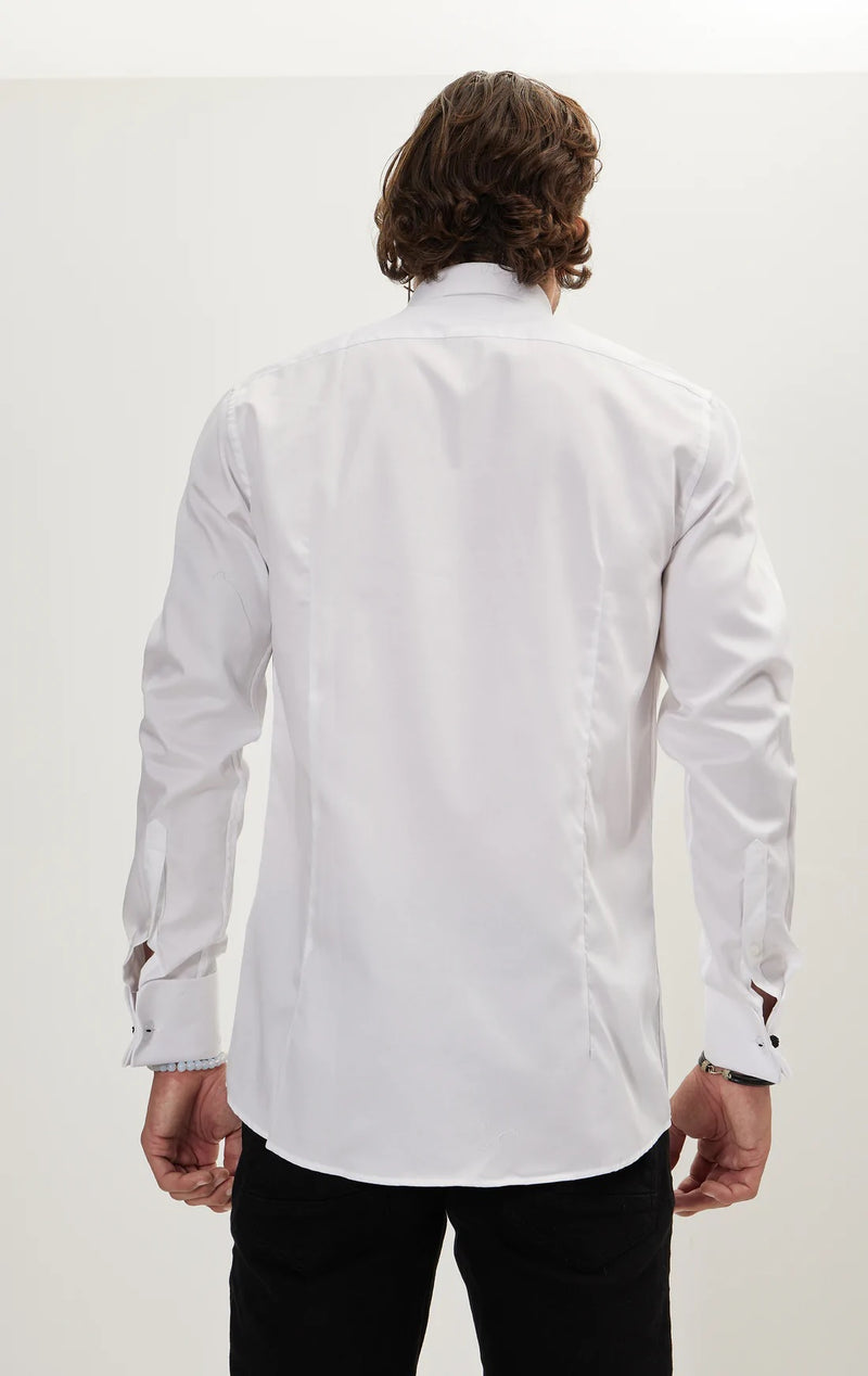 Classic Collar Jewel Button Tuxedo Shirt - White