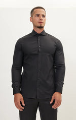 Textured Cotton Spread Collar Dress Shirt- Black