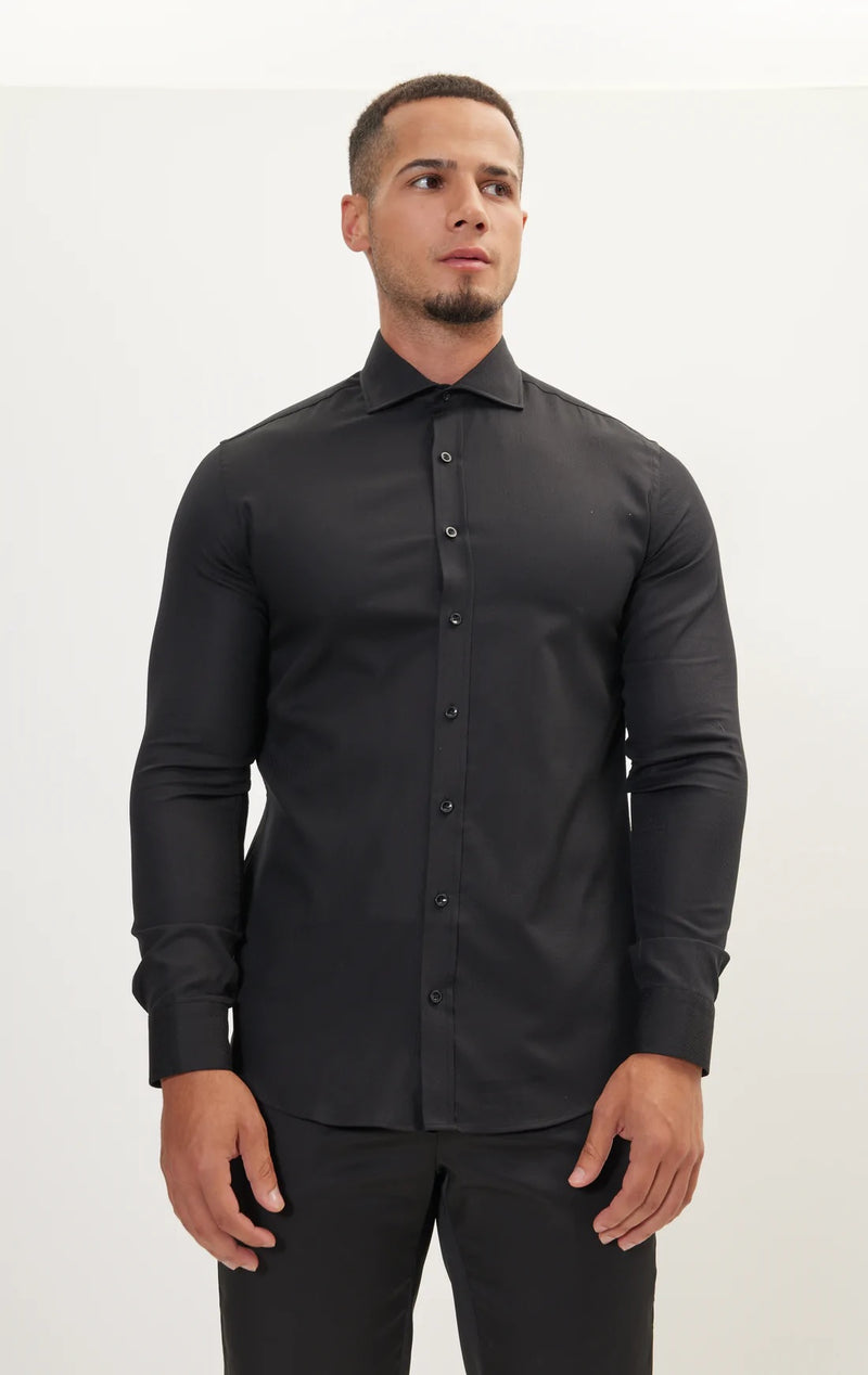 Textured Cotton Spread Collar Dress Shirt- Black Textured Cotton Spread Collar Dress Shirt- Black