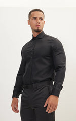 Textured Cotton Spread Collar Dress Shirt- Black