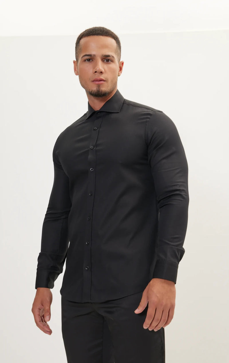 Textured Cotton Spread Collar Dress Shirt- Black