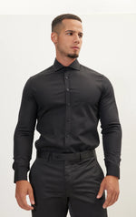 Textured Cotton Spread Collar Dress Shirt- Black