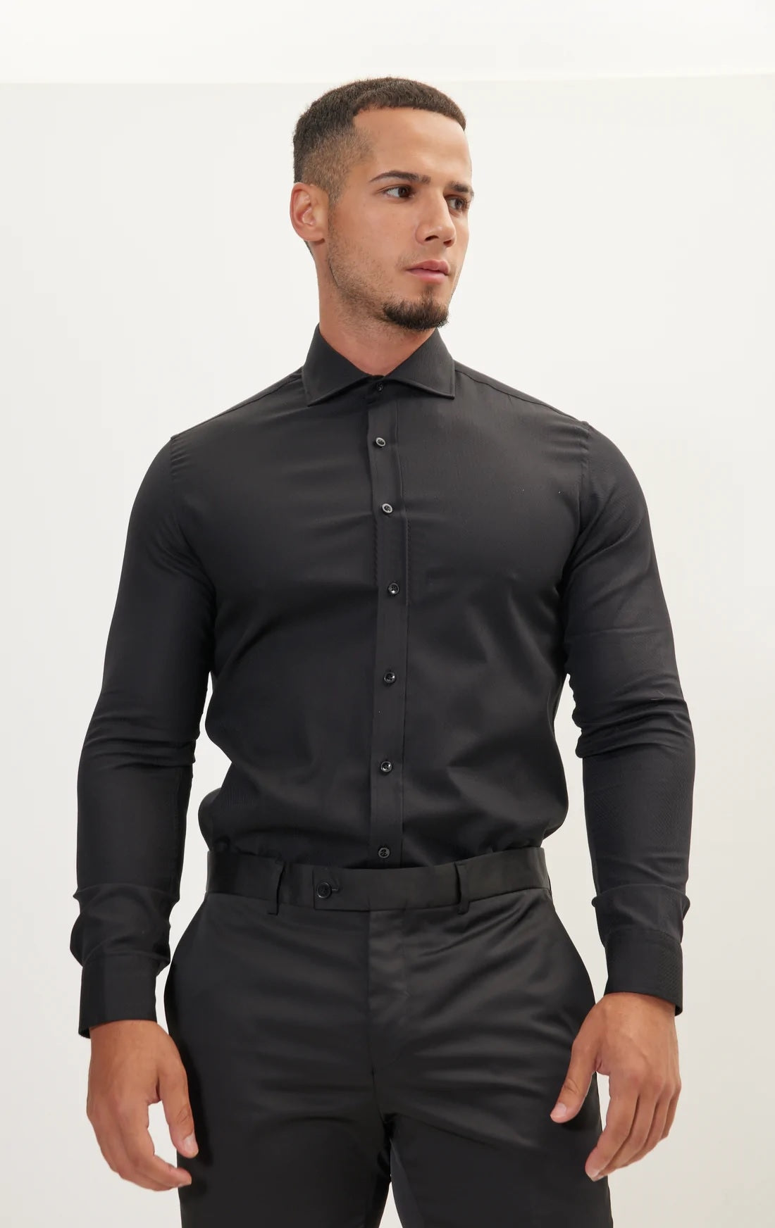 Textured Cotton Spread Collar Dress Shirt- Black Textured Cotton Spread Collar Dress Shirt- Black