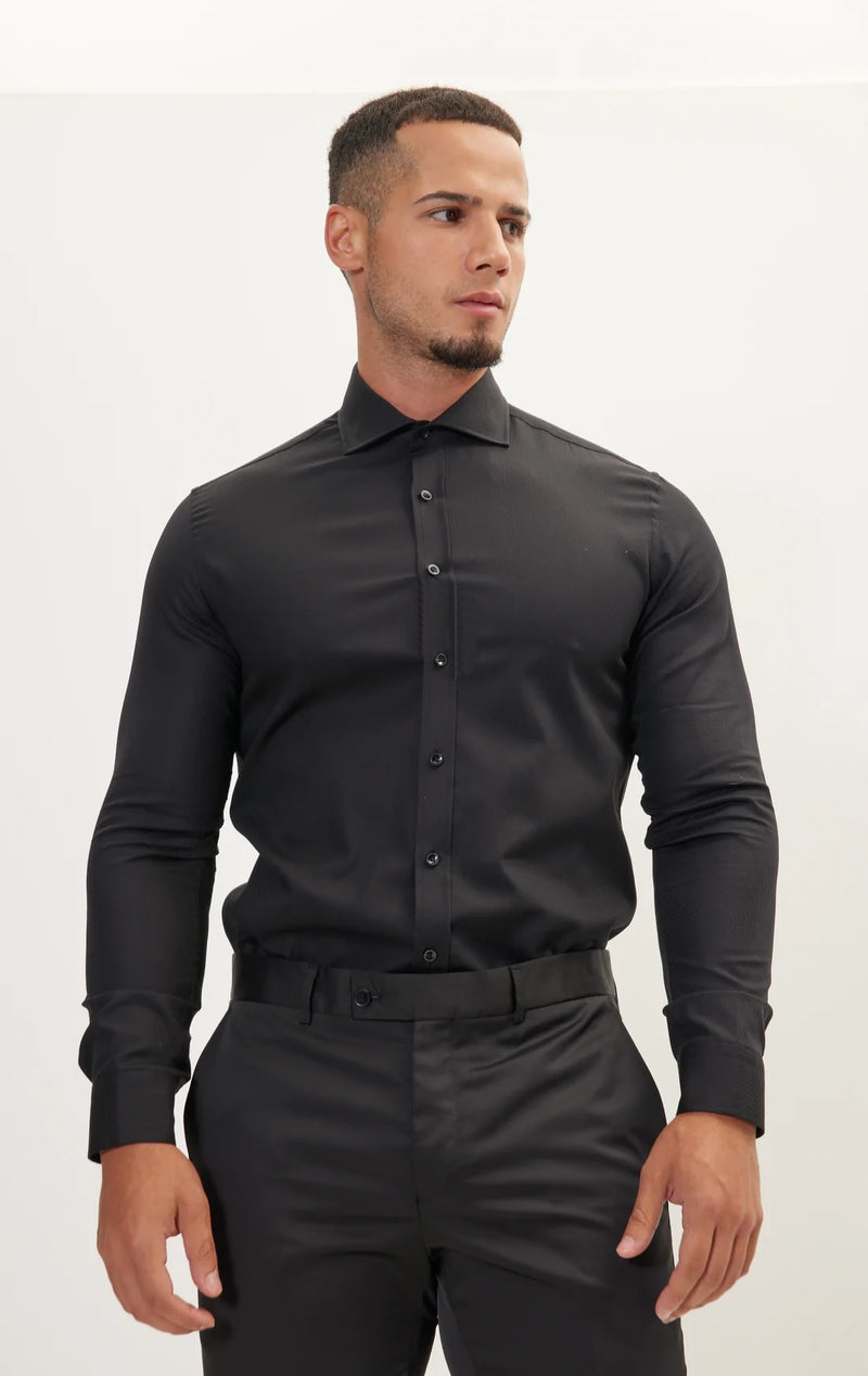 Textured Cotton Spread Collar Dress Shirt- Black Textured Cotton Spread Collar Dress Shirt- Black