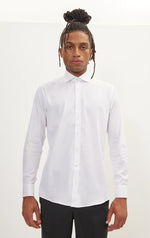 Textured Cotton Spread Collar Dress Shirt- White