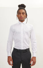 Textured Cotton Spread Collar Dress Shirt- White