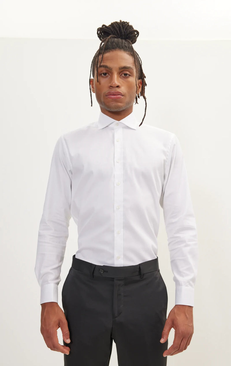 dress shirt with white collar Comfort Stretch Non-Iron Solid Dress Shirt With Contrast Trim