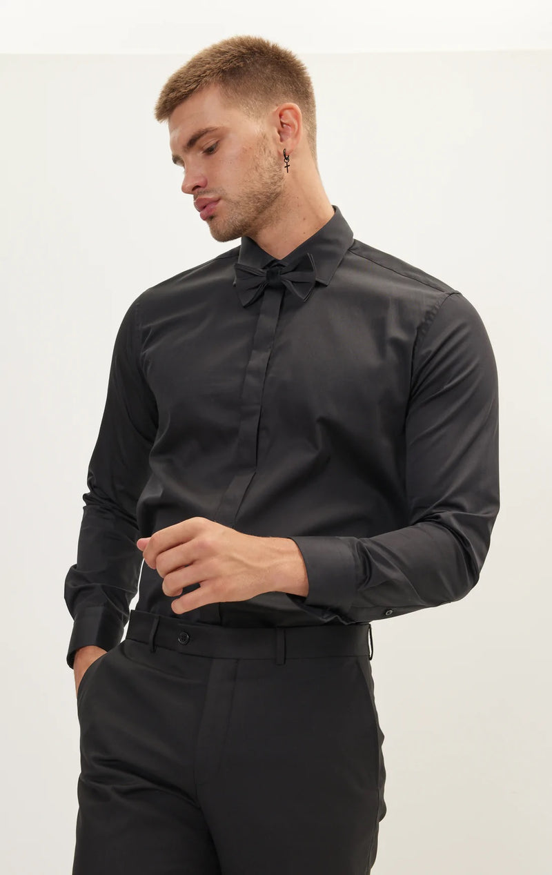 Hidden Placket Dress Shirt- Black