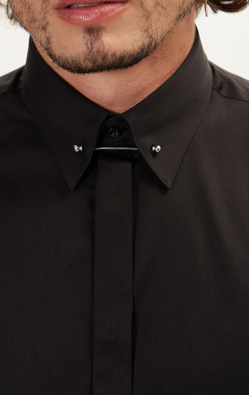 Hidden Placket Pinned Collar Tuxedo Shirt - Black
