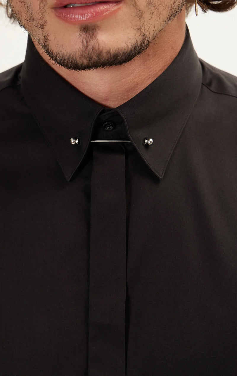 Hidden Placket Pinned Collar Tuxedo Shirt - Black