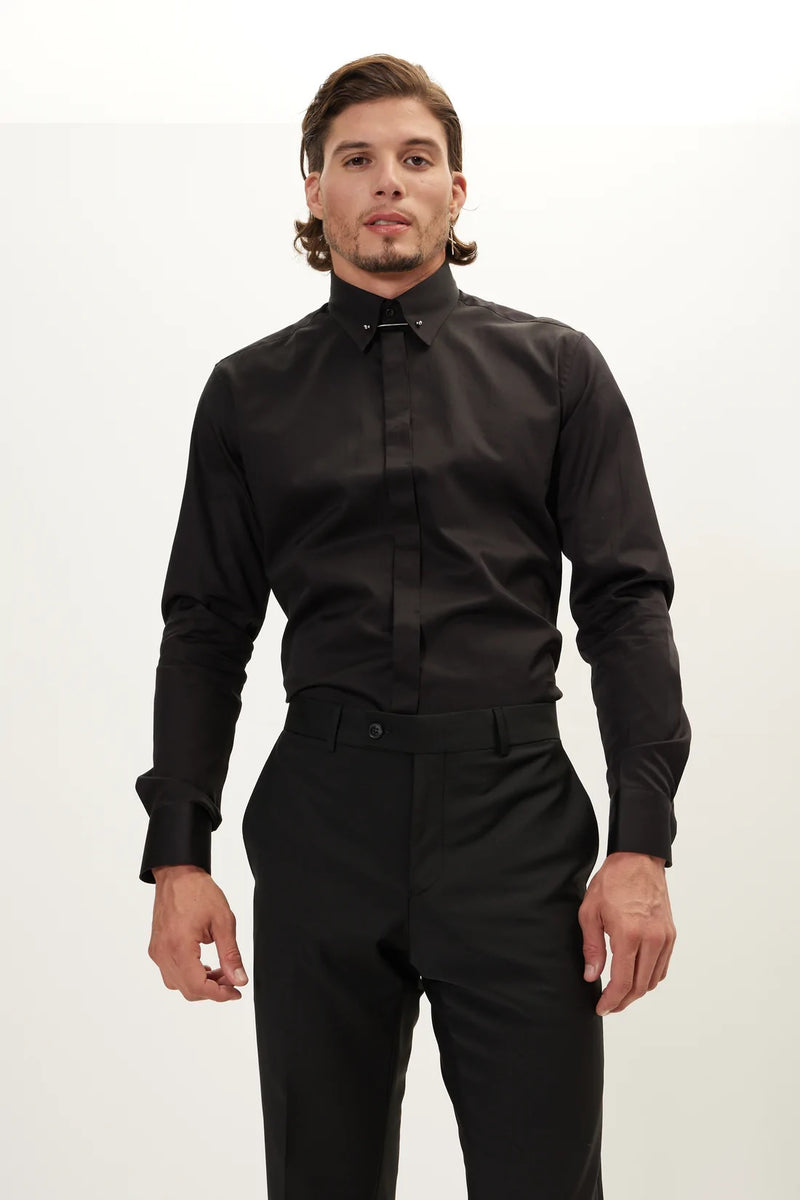 Hidden Placket Pinned Collar Tuxedo Shirt - Black