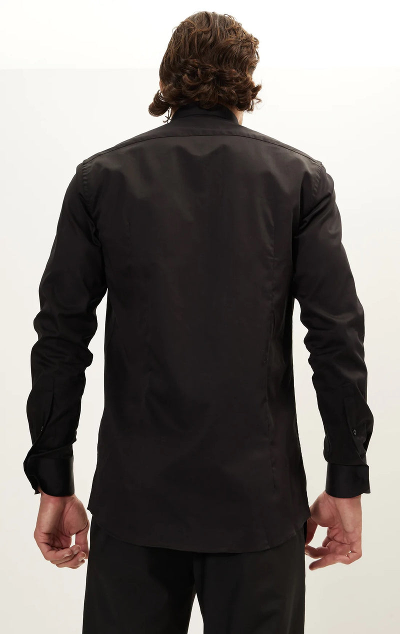 Hidden Placket Pinned Collar Tuxedo Shirt - Black