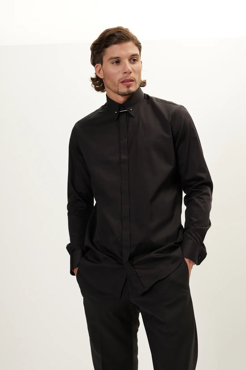 Hidden Placket Pinned Collar Tuxedo Shirt - Black