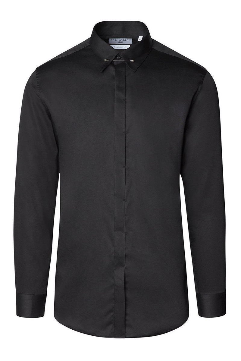 Hidden Placket Pinned Collar Tuxedo Shirt - Black