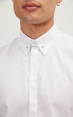 Hidden Placket Pinned Collar Tuxedo Shirt - White