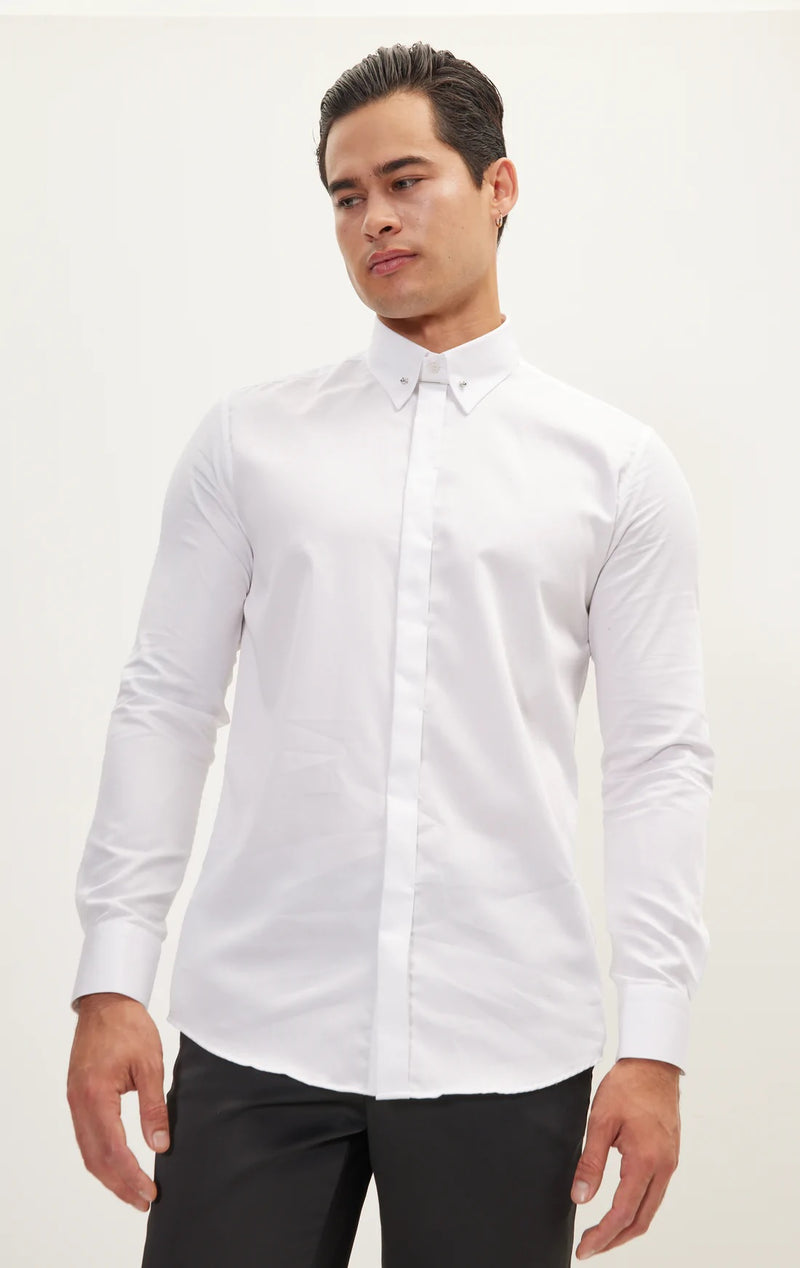 Hidden Placket Pinned Collar Tuxedo Shirt - White