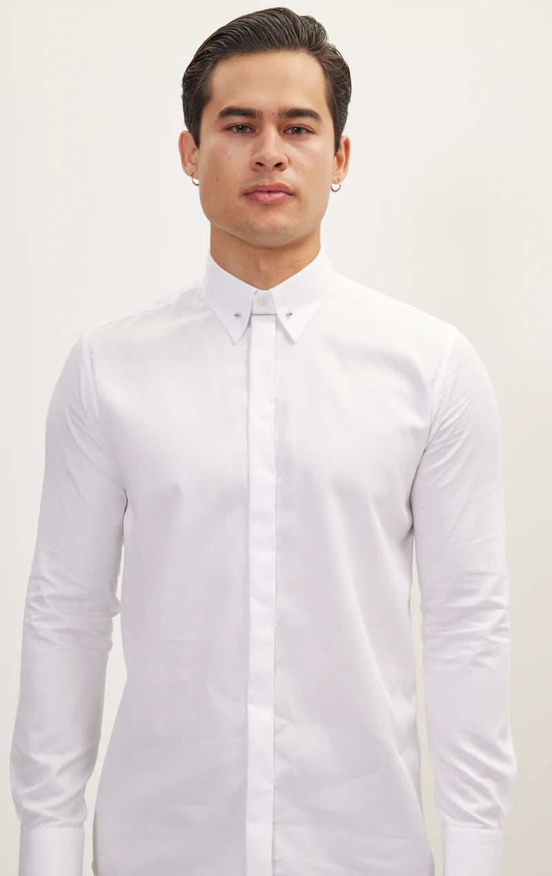 Hidden Placket Pinned Collar Tuxedo Shirt - White