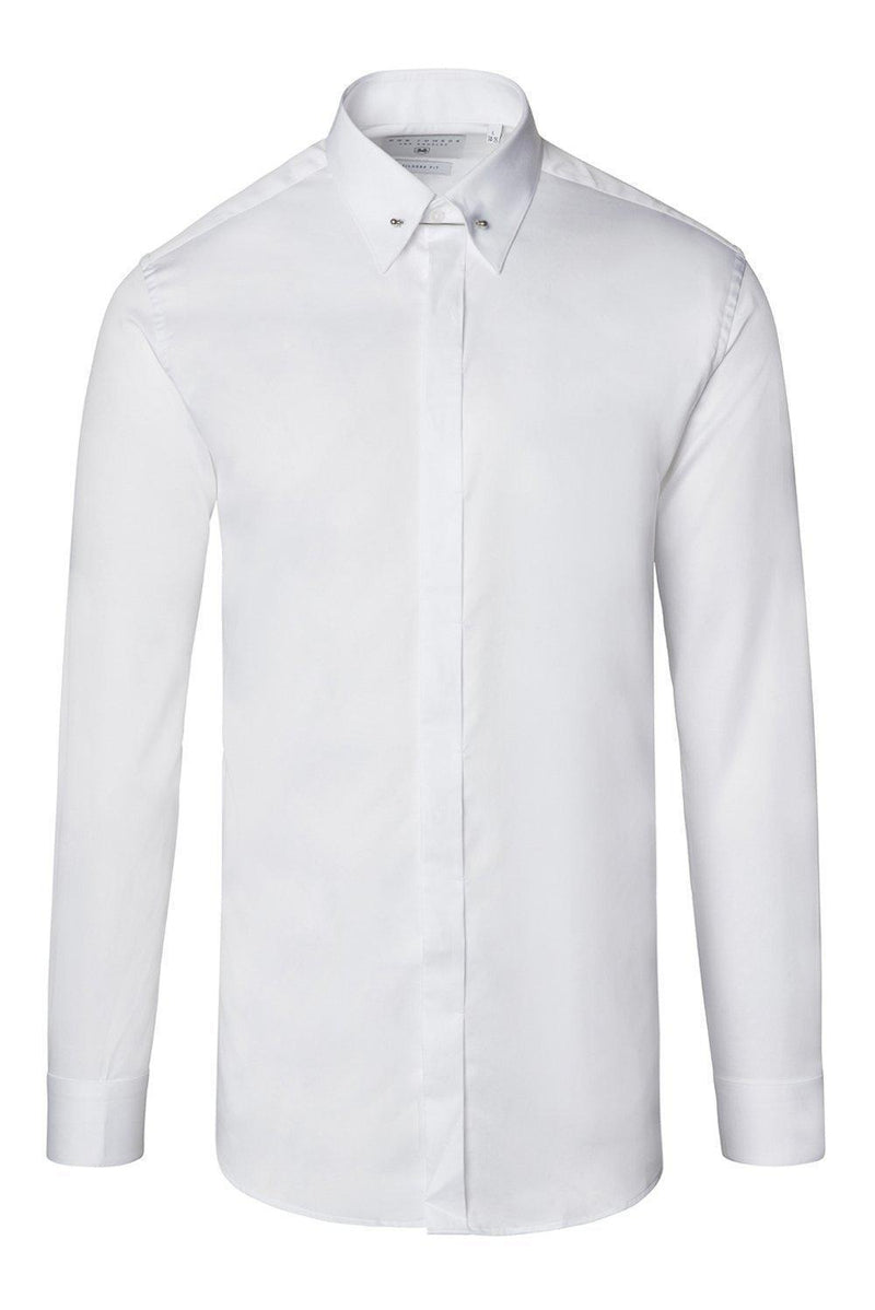 Hidden Placket Pinned Collar Tuxedo Shirt - White