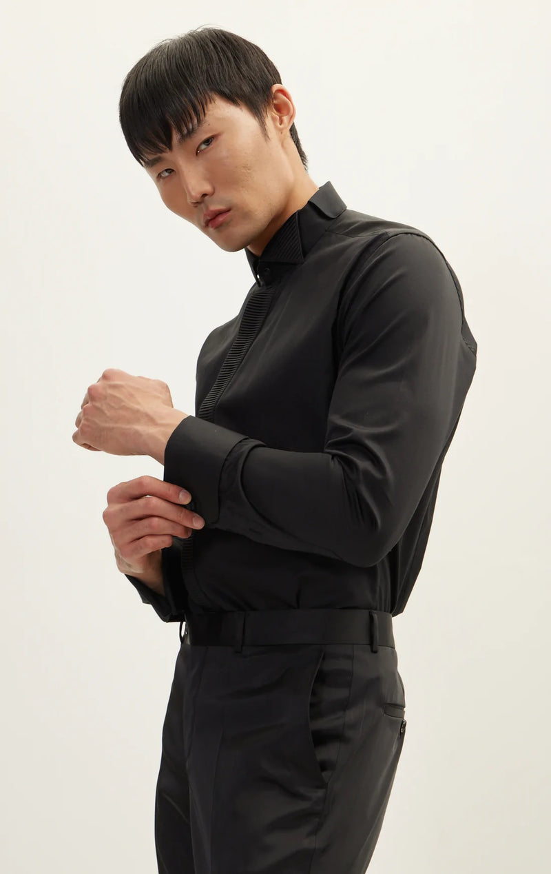 Textured Placket Tuxedo Shirt - Black