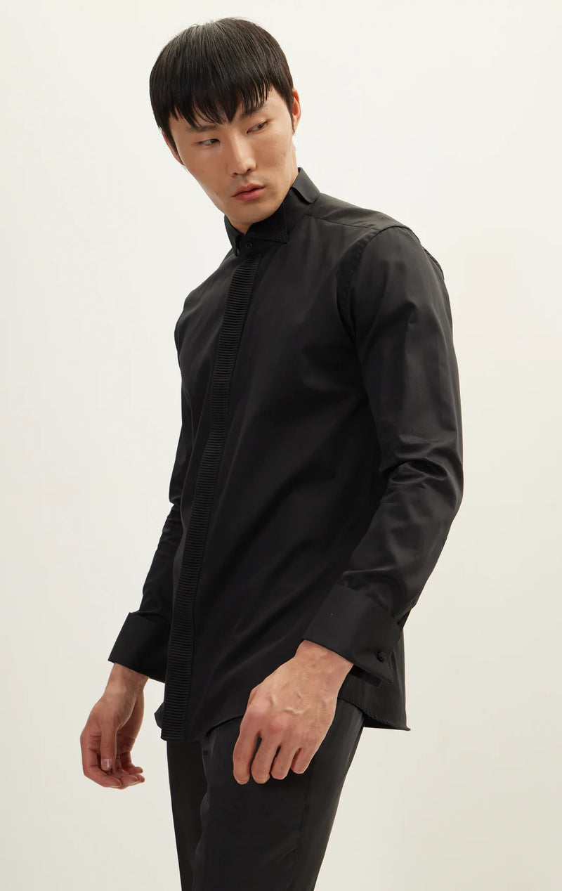 Textured Placket Tuxedo Shirt - Black