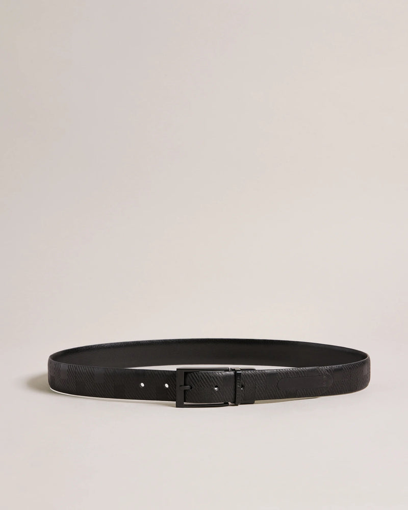 Debossed Check Leather Belt - Black