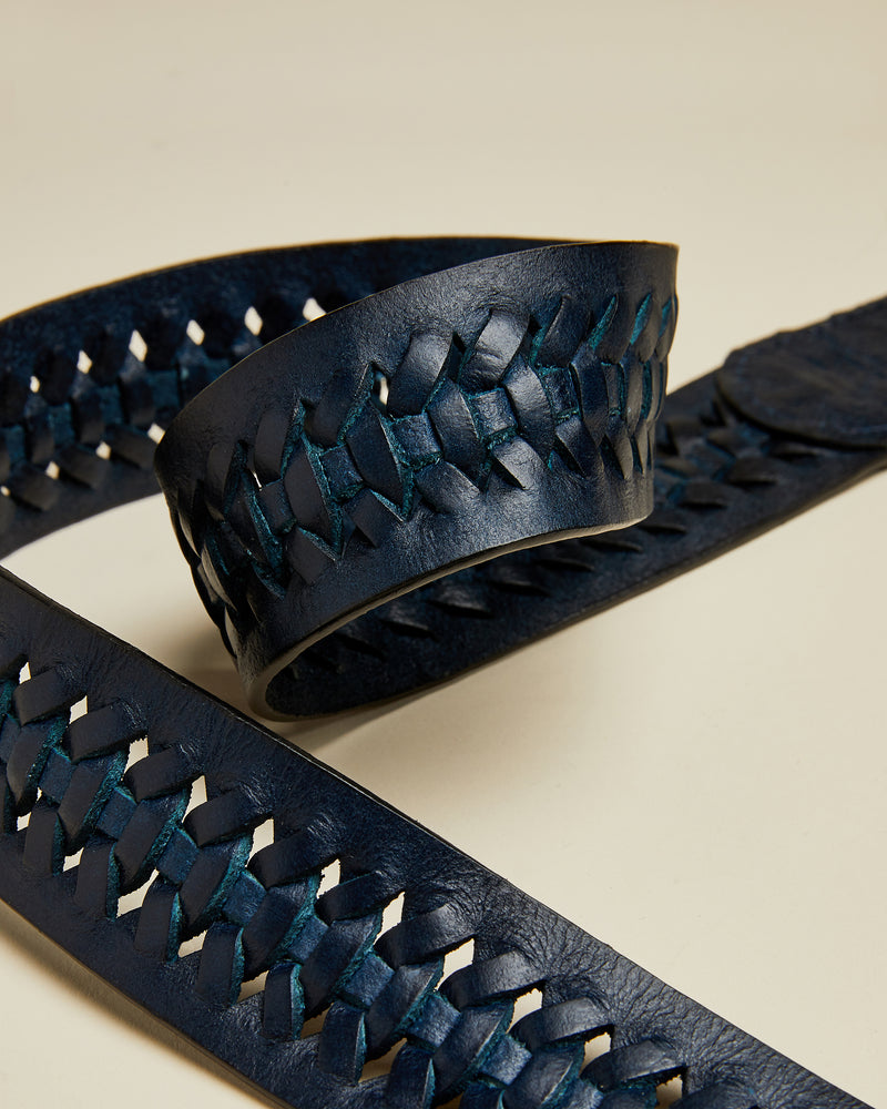 Woven Leather Belt- Navy