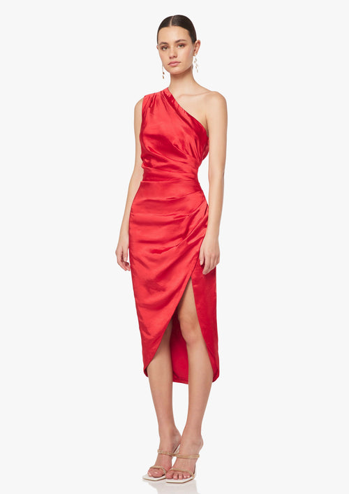 Satin Single Shoulder Ruched Dress - Red
