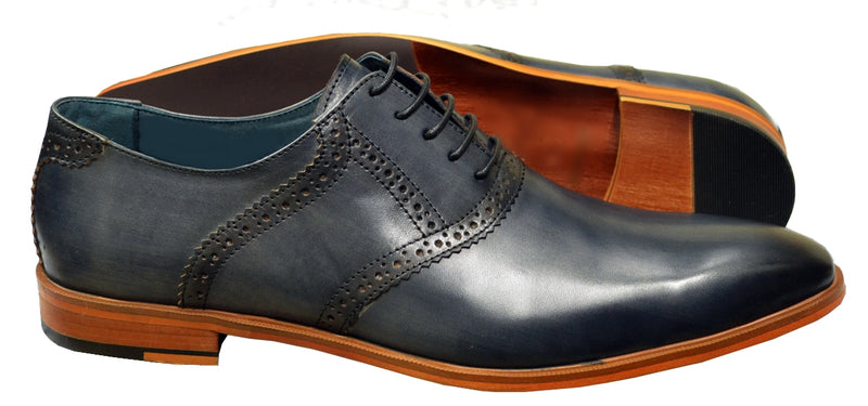 Burnished Leather Plain Toe Oxford Brogues- Blue