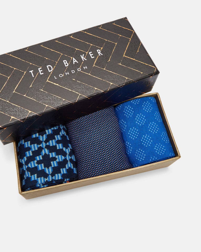 Ted Baker | Geo Print Three-Pack Cotton Sock Gift Set- Blue